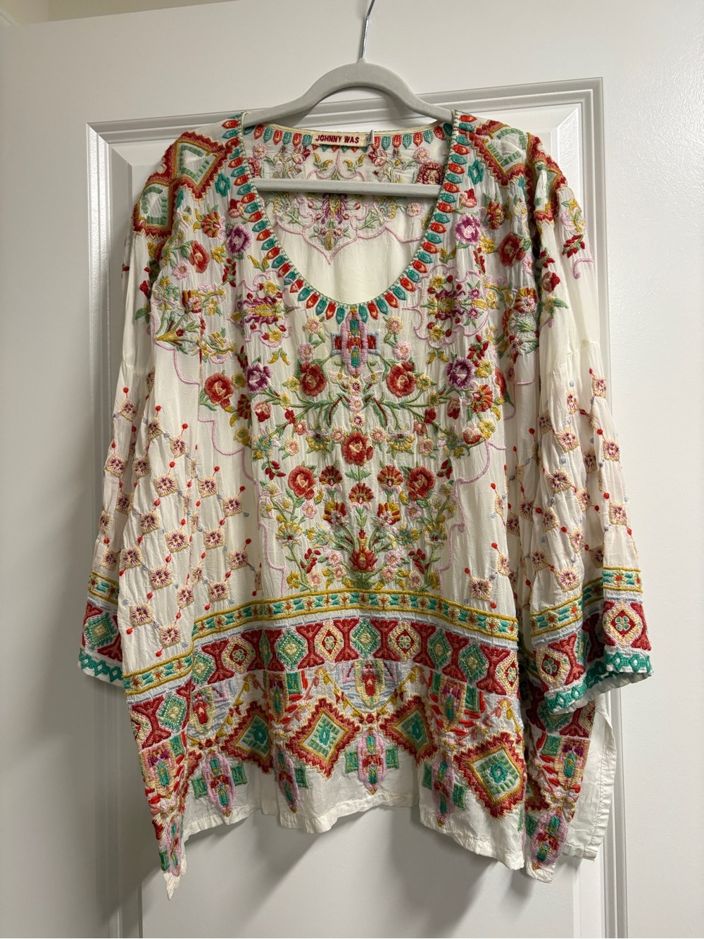 Johnny Was Ivory Embroidered Boho Tunic with Multicolor Floral Motifs